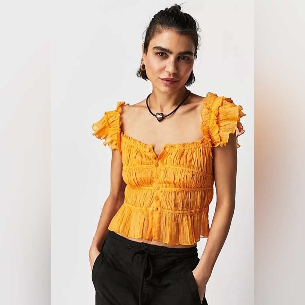 Free People Fp One Aletta Top Ruffle Buttondown Smocked Sleeveless Cropped Large